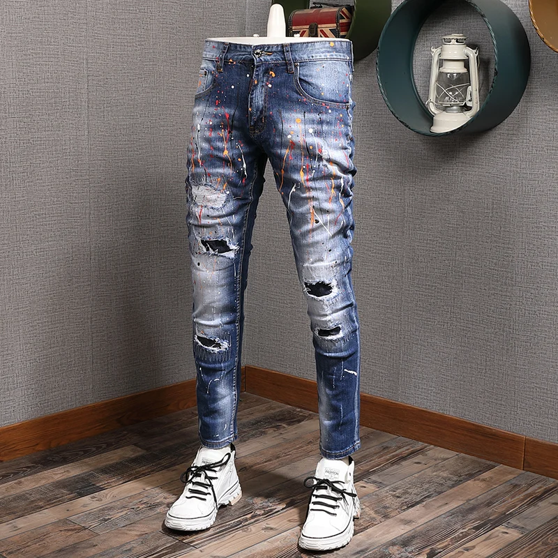 Streetwear Fashion Men Jeans Retro Blue Stretch Slim Fit Hole Ripped Jeans Men Painted Designer Hip Hop Vintage Pants Hombre