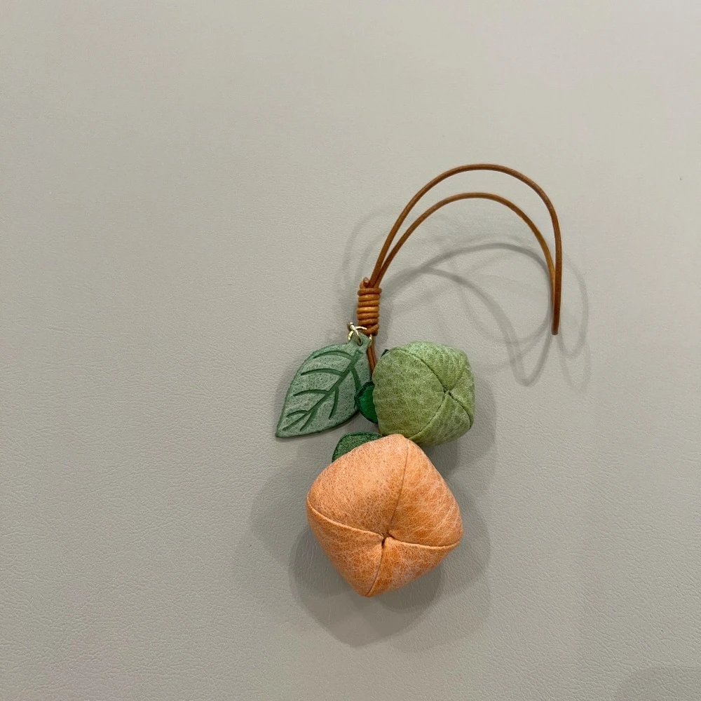 Handmade Cowhide Double Persimmon Bag Charm Genuine Leather Backpack Pendant, Car Hanging Ornament Gift for Women Bag Decoration