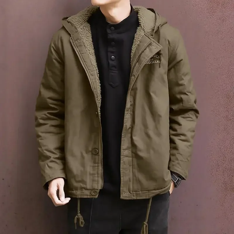 Lamb Wool Jacket Men Clothing Winter Fleece Cotton Coat Warm Thick Parkas Windbreaker Casual Hooded Outerwear Loose New