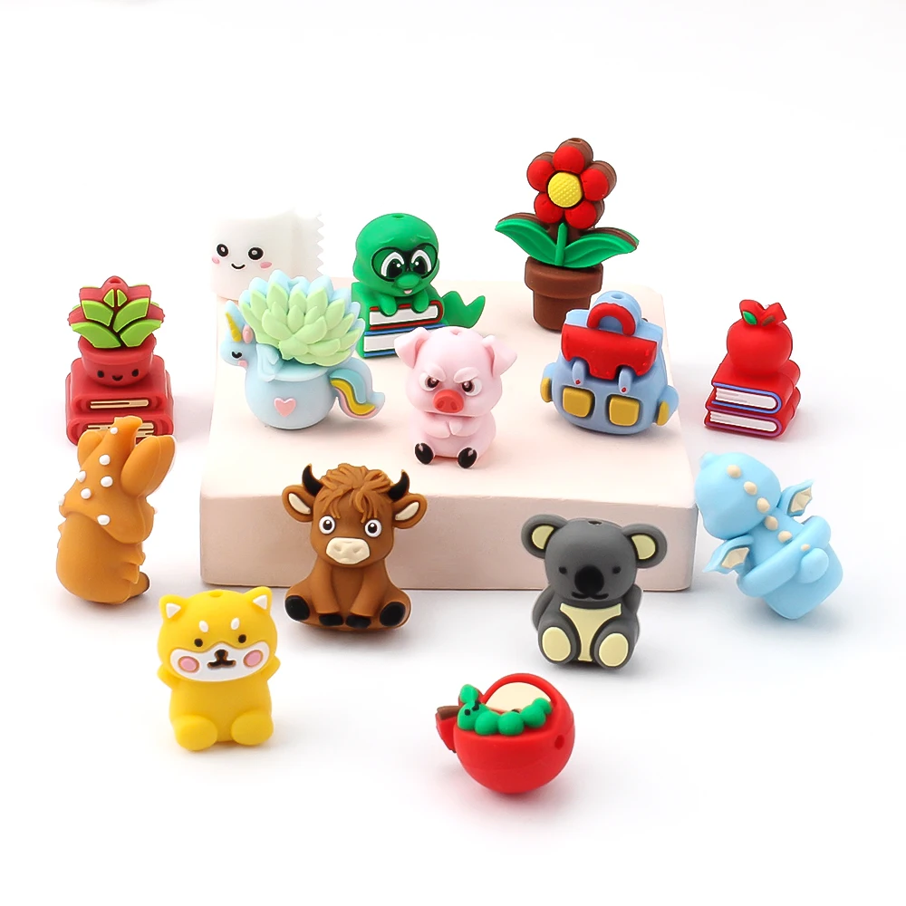 3/6/10PCS 3D Silicone Beads Cartoon Animal Cow Elephant Focal Beads For Pens Jewelry Keychains Hanging Craft Gift Beads