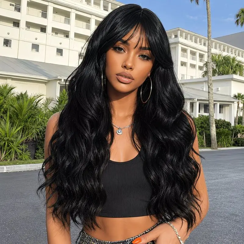 Long black wavy wig with middle-parted bangs, natural wave wig with elastic mesh comfortable cap