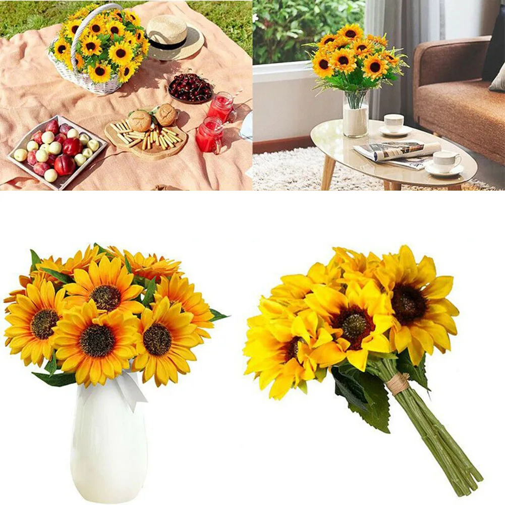 1Bunch 7 Heads Artificial Sunflowers Fake Flower Bouquet Silk Sunflower DIY Garden Wedding Party Arrangement Home Decor