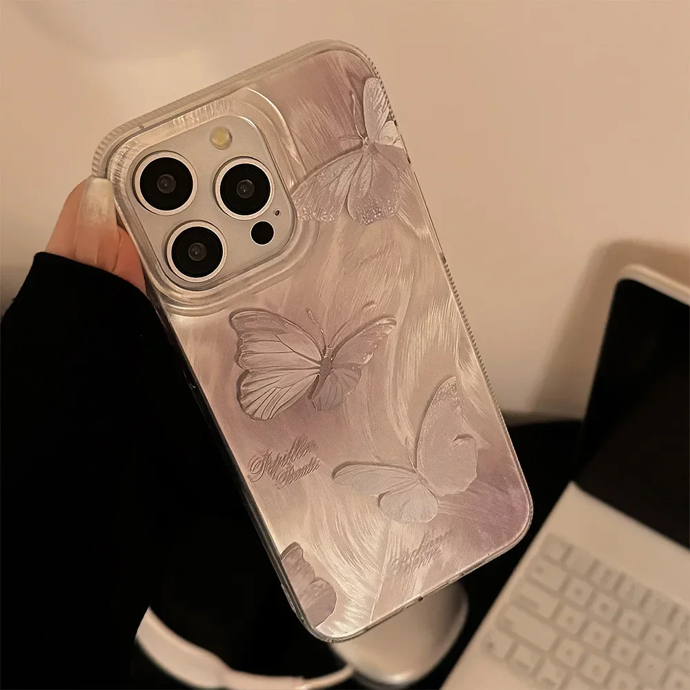 Ins Style Pink Purple Gradient Butterfly Phone Case for IPhone16 15 14 12 13 11 Pro ProMax Plus X XR Shockproof Phone Cover