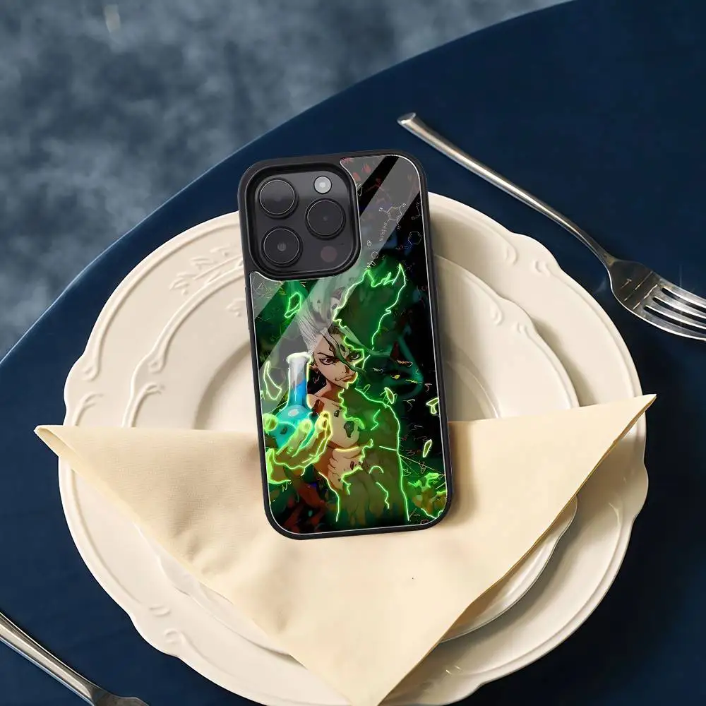 Anime dr s-stone caso de telefone preto plástico duro caso de telefone para iphone 17 ar 16 15 14 13 12 11 pro max pc tpu ins caso