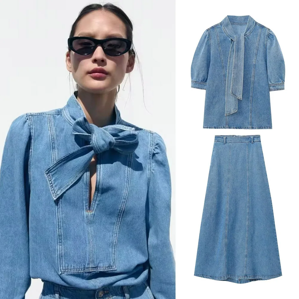 2024 Autumn Women Blouse Fashion New Bowtie Neckline Denim Shirt Casual Loose Fitting Long Sleeves Woman Blouses And Shirts Top