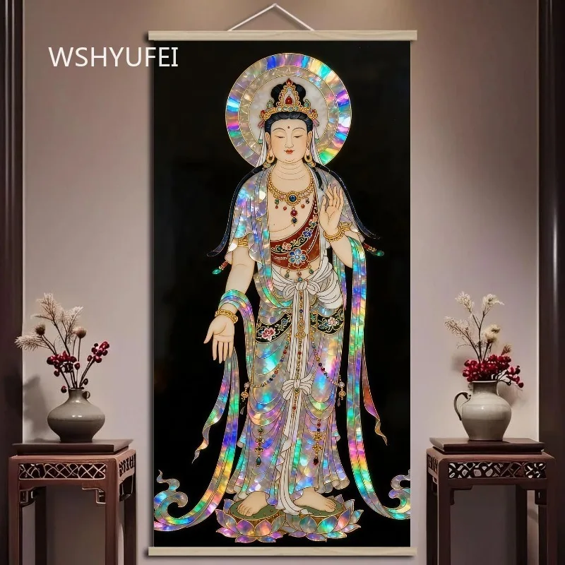 Chinese Style Buddhist Guanyin Wall Scroll with Shell Inlay Style Rainbow Finish Zen Hanging Art for Home Altar Decor