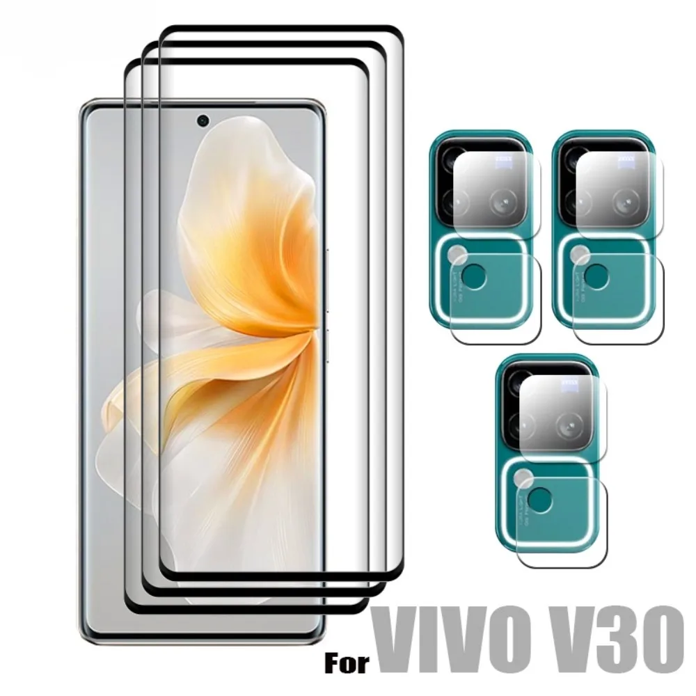 9D Curved Glass Protector For VIVO V30 Tempered Front Film and Soft Fiber Lens film For VIVO V30