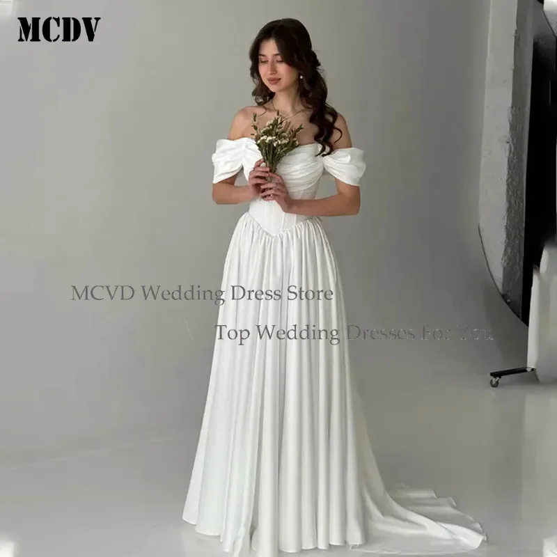 

MCDV 2026 Off The Shoulder Pleat Sweetheart A Line Wedding Dress Thick Satin V shape Waistline Custom Made