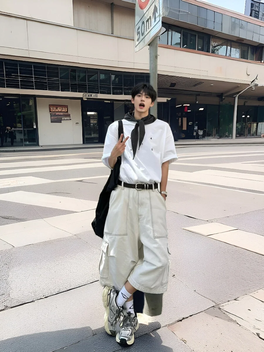 

Fuyan White Workwear Denim Shorts Women's Summer Thin American Retro Loose Wide Leg Seven-Foot Pants Natural Waist Zipper