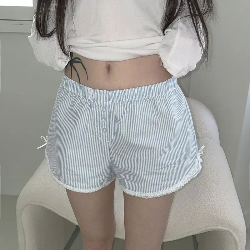 Lace Stitching Striped Shorts Cute Women Casual Basic Loose Elastic Mid-waist Hot Pants Fitness Sportswear Y2K Bottoms