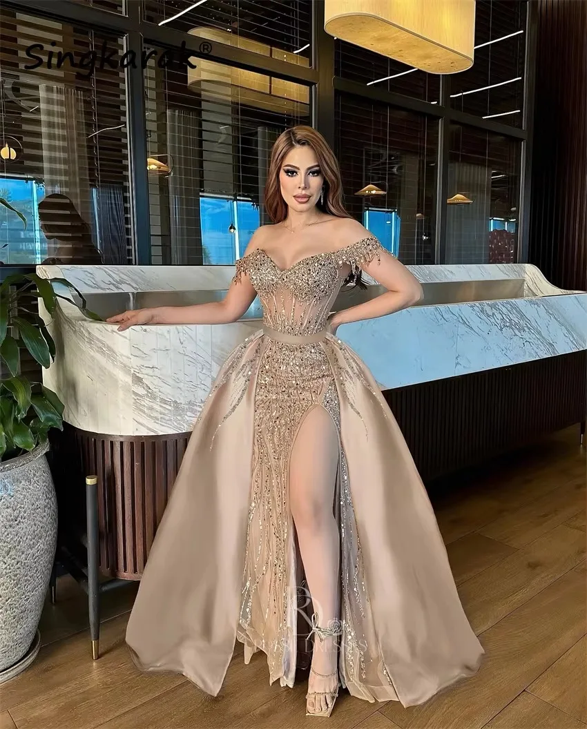 Gold Sequined Evening Dresses with Panel High Split Corset Luxury Beaded Prom Dress Customized Women's Cocktail Party Gowns