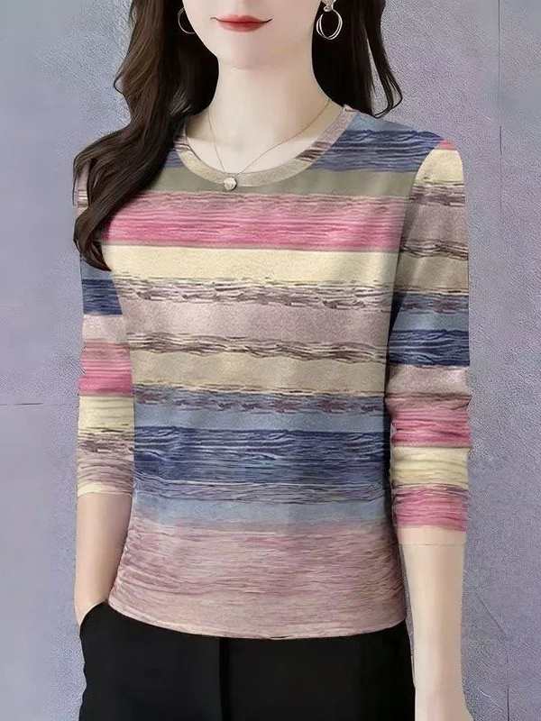 

Casual Striped Long Sleeve T-Shirt for Women Mid-aged And Elderly Fashionable Inner And Outer Wear Polyester Fiber round Neck