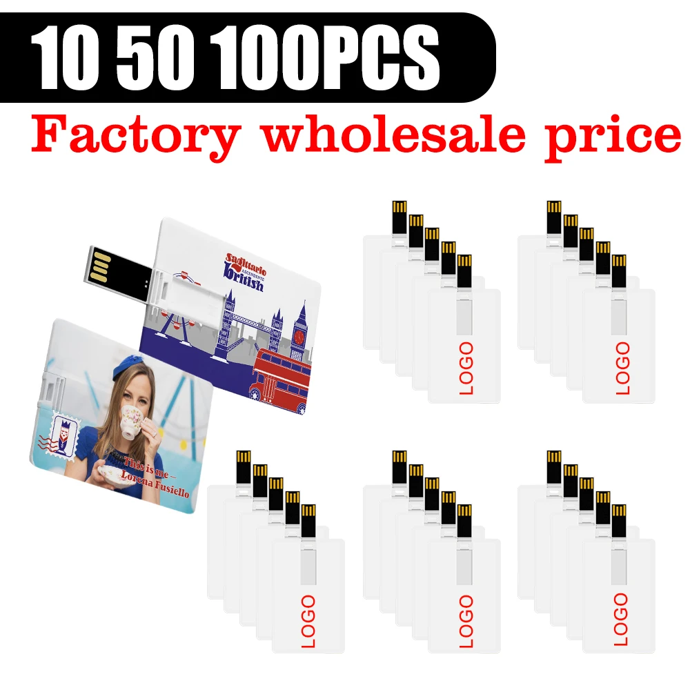 

10/50/100PCS 2.0 Pendrive Slim Credit Card USB 2.0 Flash Drive Pen Drive 4GB 8G 32G 64G Bank Card Model Memory Stick Free Logo