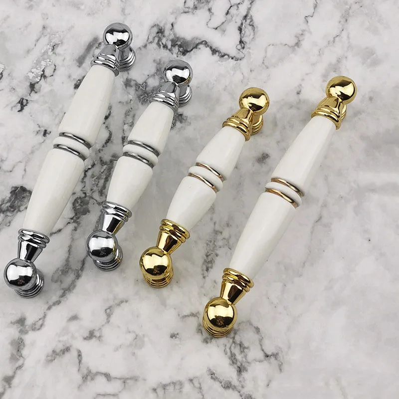 

White Ceramics Furniture Handle Gold Silver Zinc Alloy Cabinet Pulls Drawer Dresser Cupboard Door Hardware