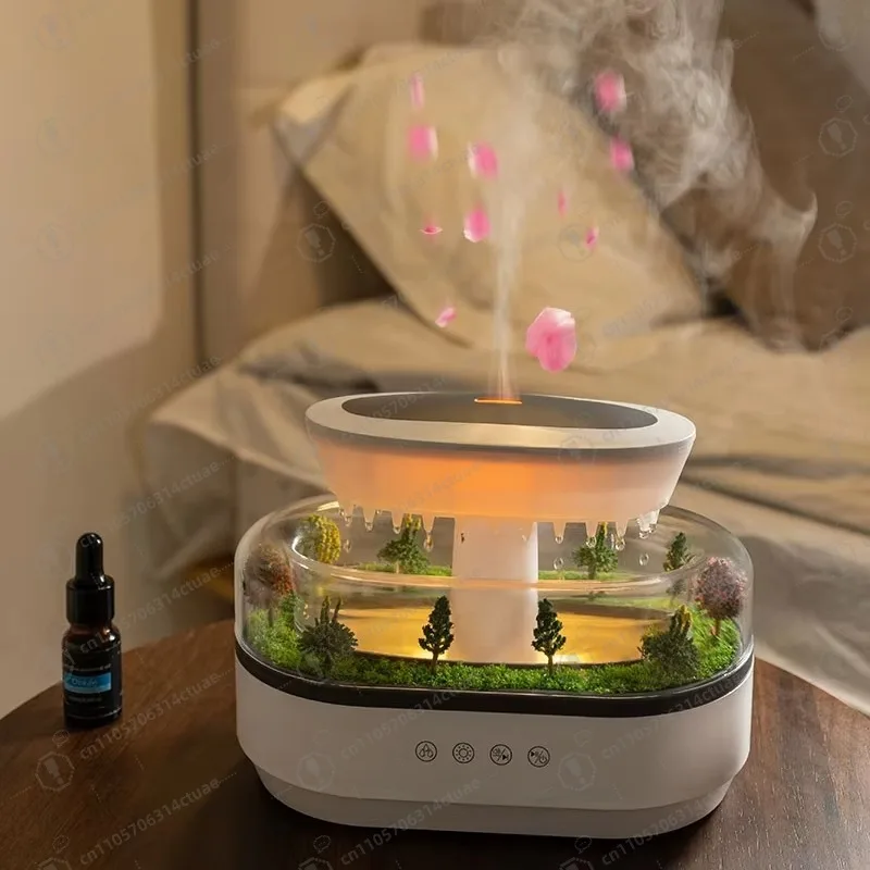 

Увлажнитель воздуха с дождевым ароматом и удалением масла - умный прохладный туман, белый шум, белый шум, мини-мини-рассеиватель с каплями дождя и растений