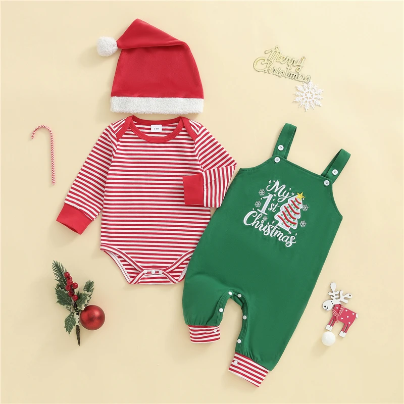 Vêtements pour bébé garçon, barboteuse à manches longues, rayures de noël, broderie de chiffres, pantalon et chapeau, tenue 3 pièces, vêtements pour nouveau-né