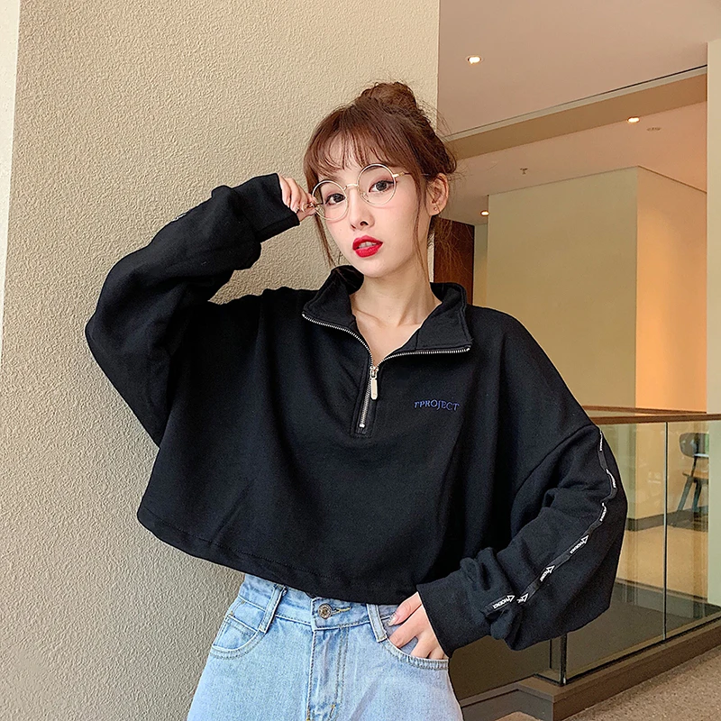 MEXZT Harajuku Hoodies Women Y2K Street Zipper Crop Sweatshirt Black Long Sleeve Loose Pullover Fashion Simple Elastic Waist Top