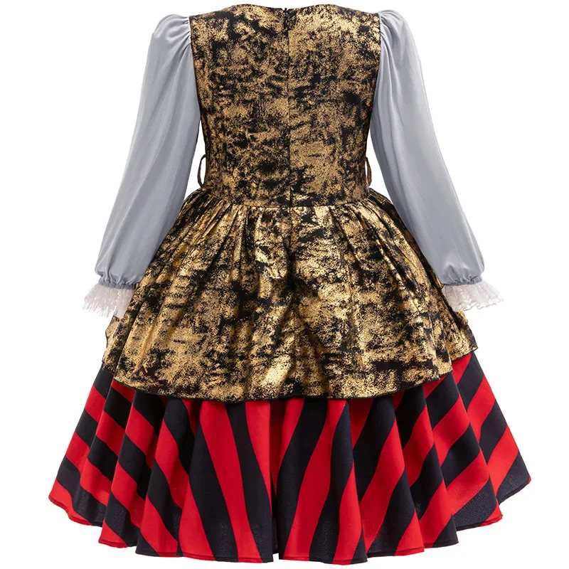 Piraten-Halloween-Kostüm für Mädchen, langes Kleid mit Puffärmeln, Schal mit Totenkopf-Aufdruck, roter Streifenrock für Kinder, Karneval, Party, Cosplay-Outfit – Detail 4
