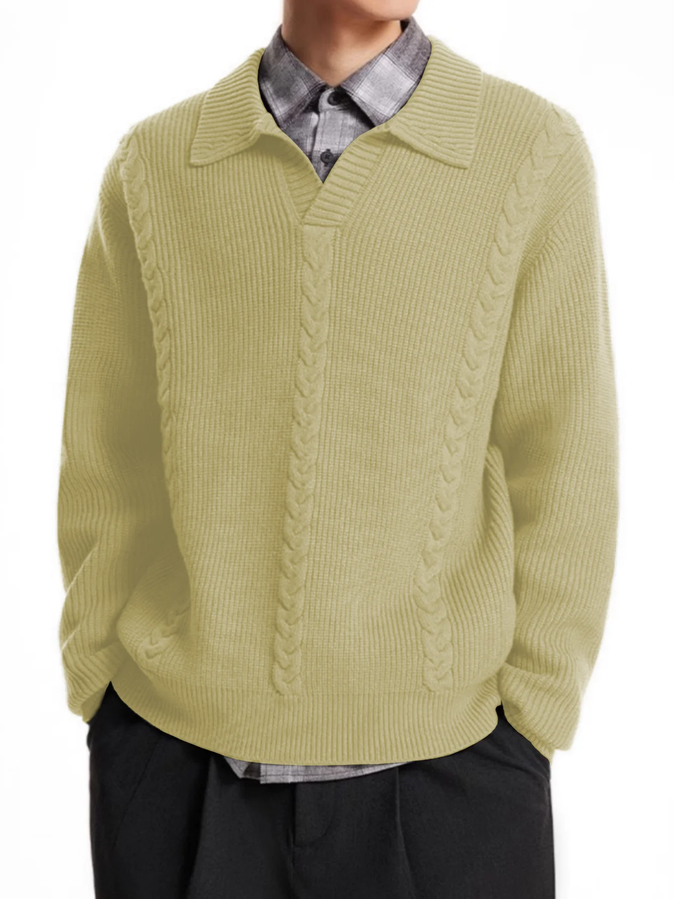 

LVLAEA Ribbed Twisted Knit Men Autumn Winter Men Lounge Shirt V-neck Long Sleeve Lapel Loose Trendy Knitwear Pullover for Men