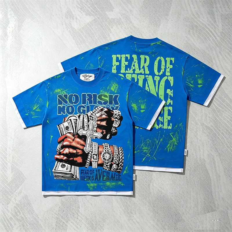 2026 New BKYS Men's Short Sleeve T‑Shirt Washed Rhinestone Jewelry Hand Cash Print Hip‑hop Street Tee Top