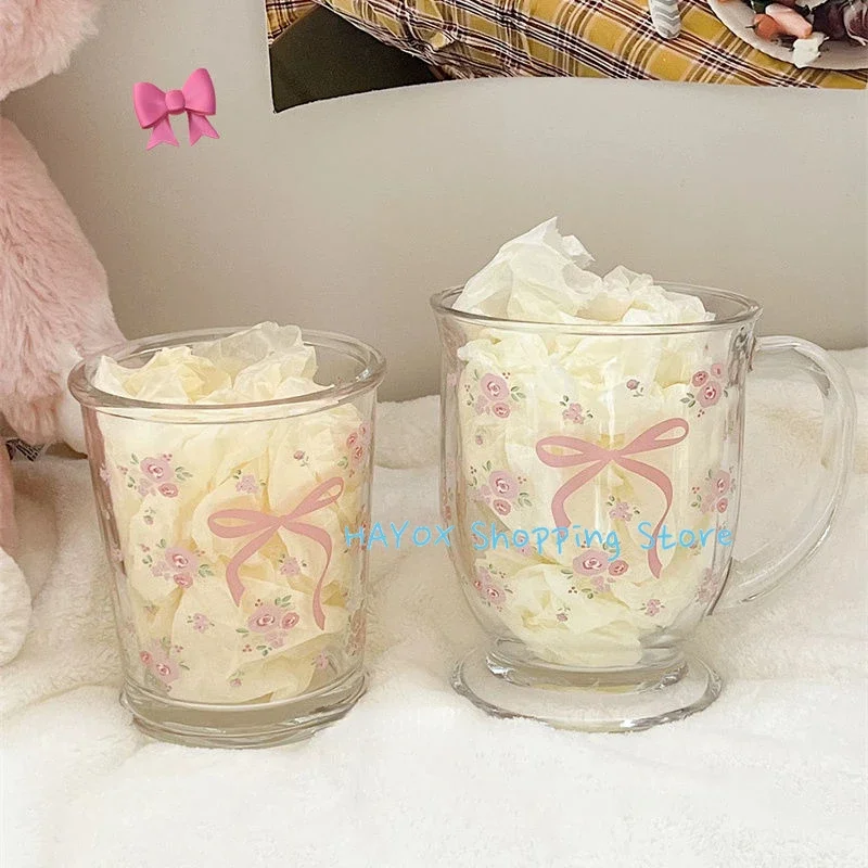 Tasse en verre à nœud papillon d'été, petit nœud mignon, verre transparent floral, tasse à boire, clics froids, petit déjeuner, lait, café, crème glacée, dessert, standardisation