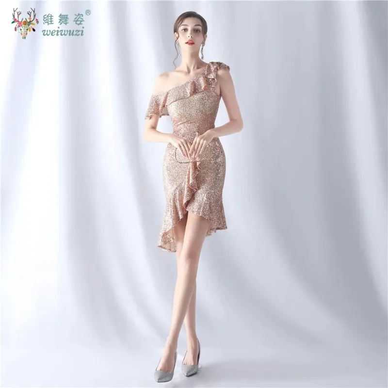 

Elegant One Shoulder colorful Sequins birthday Evening Dress Short Cocktail Party Dresses Formal Dress For Special Occasions