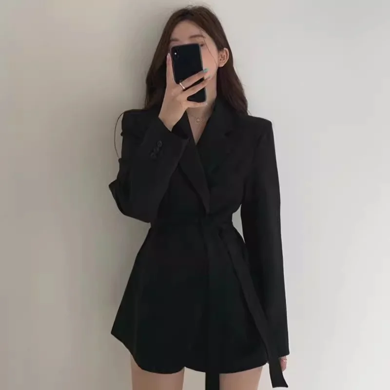 Korean Chic Elegant French Suit Collar with Two Buckle Ties Waist Closure Slim Appearance Double Pocket 2024 Suit Coat for Women