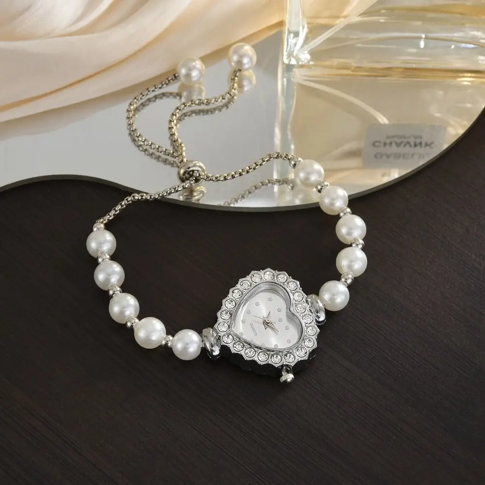 Heart-shaped Bracelet Watch Diamond-Studded Case Pearl Women Wristwatch Adjustable Chain Gift Quartz Watch Wrist Decoration
