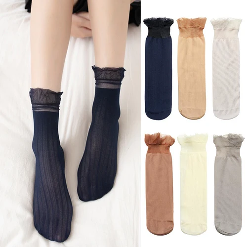 Calcetines de malla transparente para mujer, medias de seda de cristal fino, encaje sólido, elástico, Sexy, ultrafino, Verano