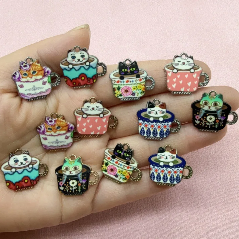12pcs Cute Tea Cup Cat Double Pendant Creative Tea Cup Printed Jewelry Accessories