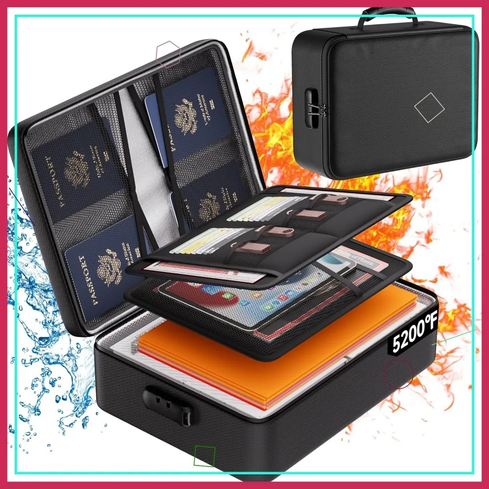 5200°F Fireproof Document Organizer with Lock, Water-resistant Storage Box for Files, Passports & Valuables