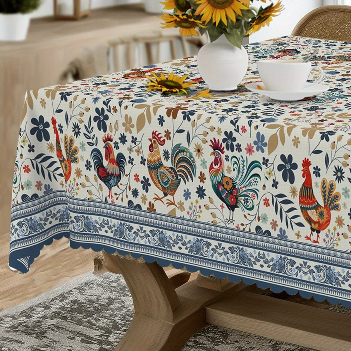 One chicken-themed tablecloth, with a retro country farmhouse style, in blue and white color scheme.xzj
