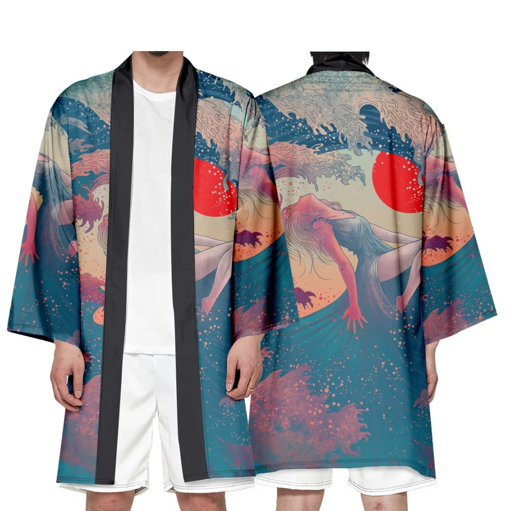 

Japanese Traditional Samurai Long Kimono Clouds Ocean Wave Cosplay Haori Men Women Cardigan Yukata Shirt Summer Robe