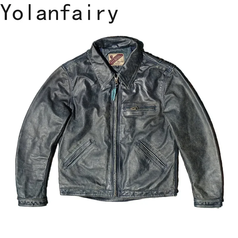 YOLANFAIRY Genuine Cow Leather Jacket Men American Workwear Lapel Genuine Leather Jacket Vintage Blue Washed Distressed 2026