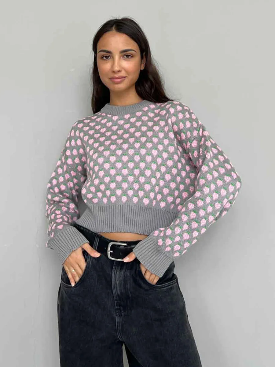 Bornladies 여성 가을 ​​겨울 새로운 딸기 자카드 스웨터 o 넥 긴 소매 루즈 피트 캐주얼 점퍼