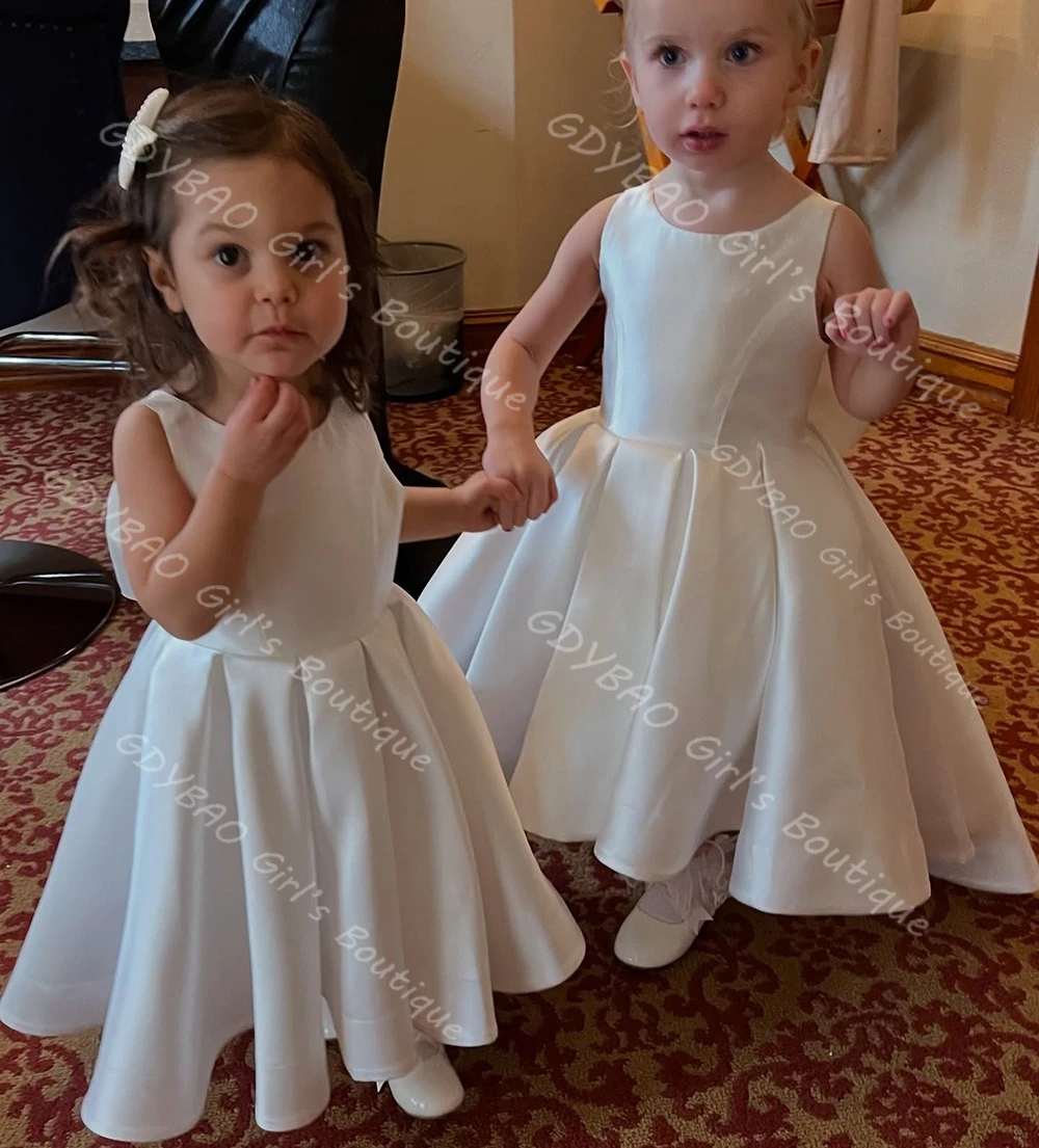 Vestido de niña de flores blanco para boda, vestido de primera comunión hasta el tobillo con espalda descubierta y lazo de satén, vestido de fiesta personalizado