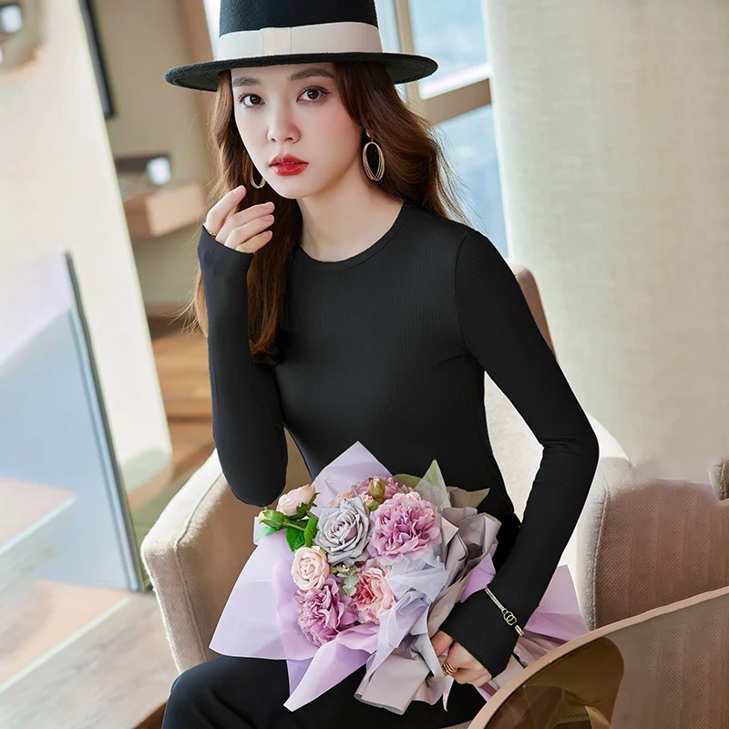 Black Long Sleeve round Neck Slim Fit Women's Base Shirt Fashionable Korean Style T-Shirt Cotton Blend Comfortable Commute Style