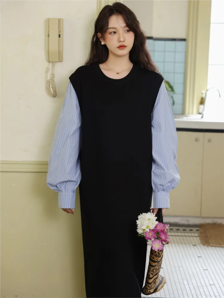 Spring Autumn Fake Two Blouse Loose Dress Women Patchwork Elegant Vintage Ladies Shirts Dresses Vestidos