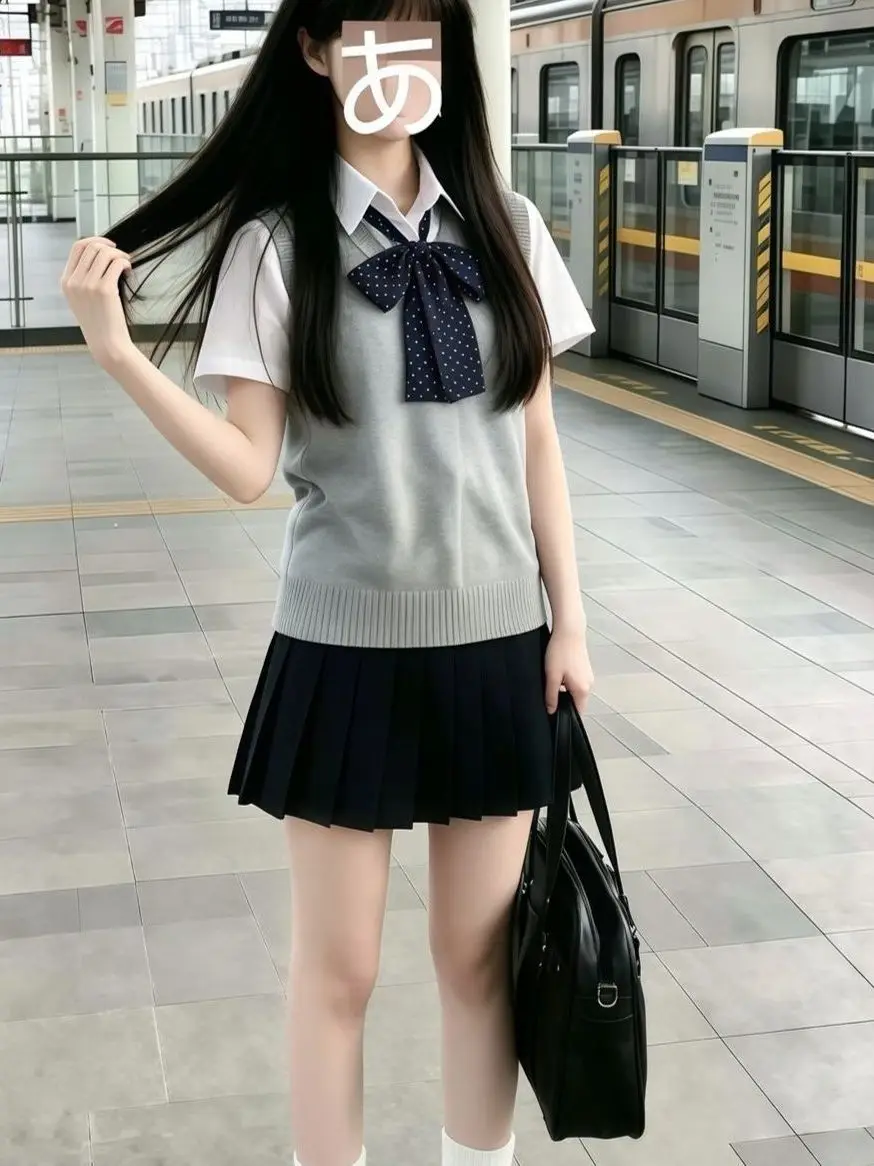 

Original Japanese Style JK Uniform Soft Girl Light Grey Pullover Vest Short Sleeve Shirt Layering Aquamarine Short Skirt Set