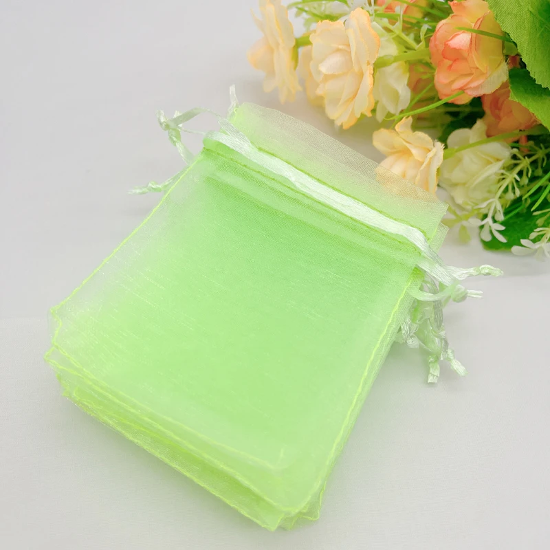 100pcs Apple Green Gift Bag Drawstring Organza Bag Light Green Organza Gift Bags Wedding Packaging Jewelry Storage Bags Sachet