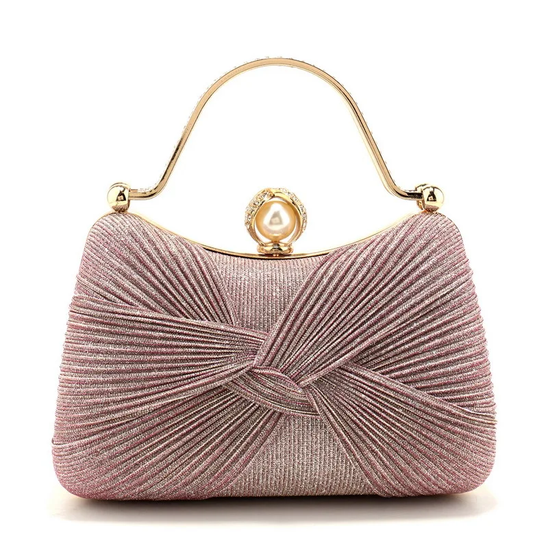 

Luxury Design Women Evening Clutch Bag Wedding Bridal Handbags Pleated Bow Satin Ruched Handbag Metal Handle Party Purse 2025