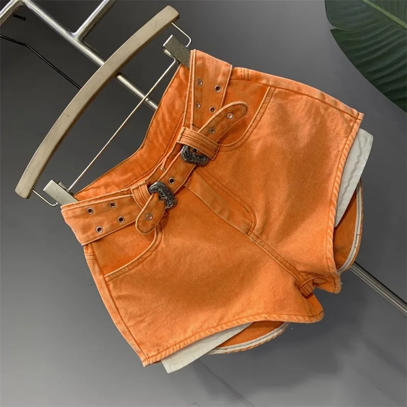 GlamGaze High Waisted Denim Shorts For Women With Belt Double Buckle Hot Pants Streetwear Club Party Summer Casual Outfit