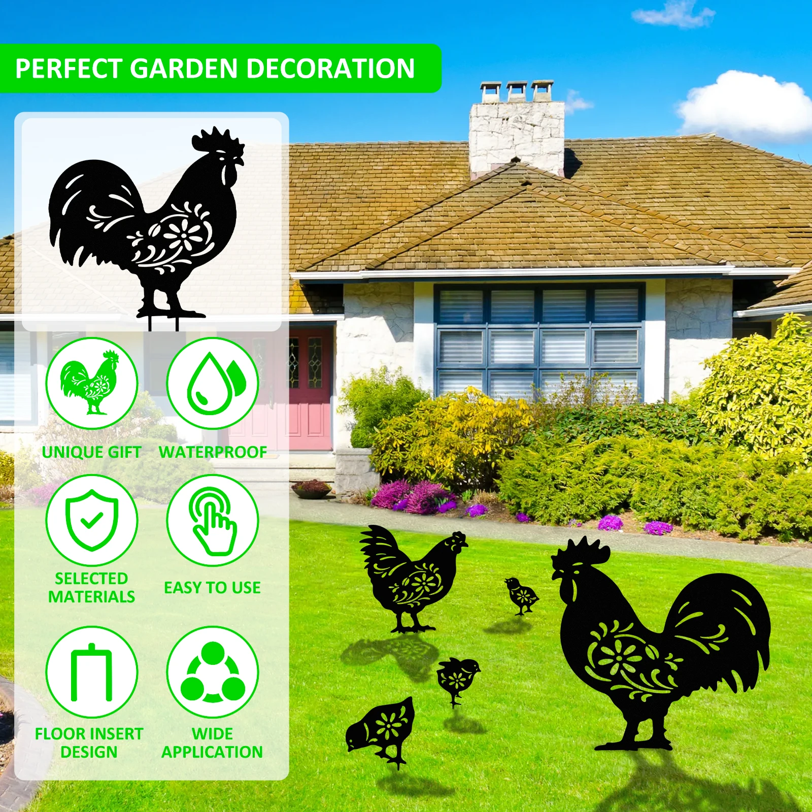 5PCS Garden Chicken Silhouette Decoration Metal Chicken Set Lawn Stake Decoration Suitable for Outdoor Yard Garden Crafts