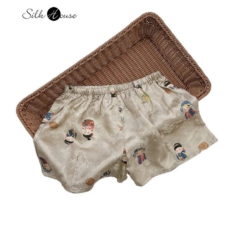 (Splicing Style) Women's Casual Summer New 100% Natural Mulberry Silk HuaLuo Little Tang Dynasty Printed Casual Home Shorts