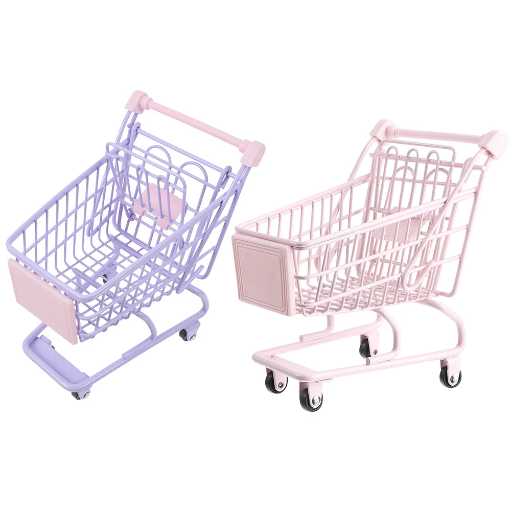 

2 Pcs Shopping Cart Ornaments Supermarket Nursery Toy Child Mini Grocery with Wheels Miniature Trolley Girls Baby Push