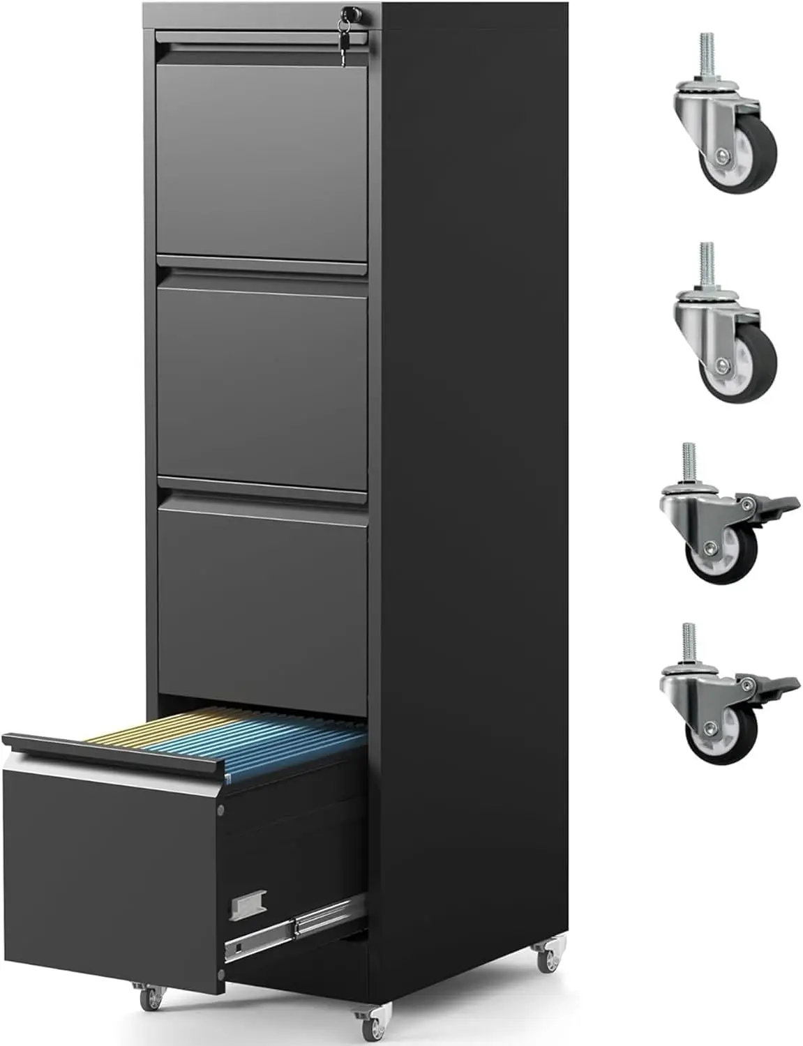 Metal File Cabinet 4-Drawer with Lock & Wheels, Vertical Filing Storage for Home Office, Legal & Letter Size, Customized