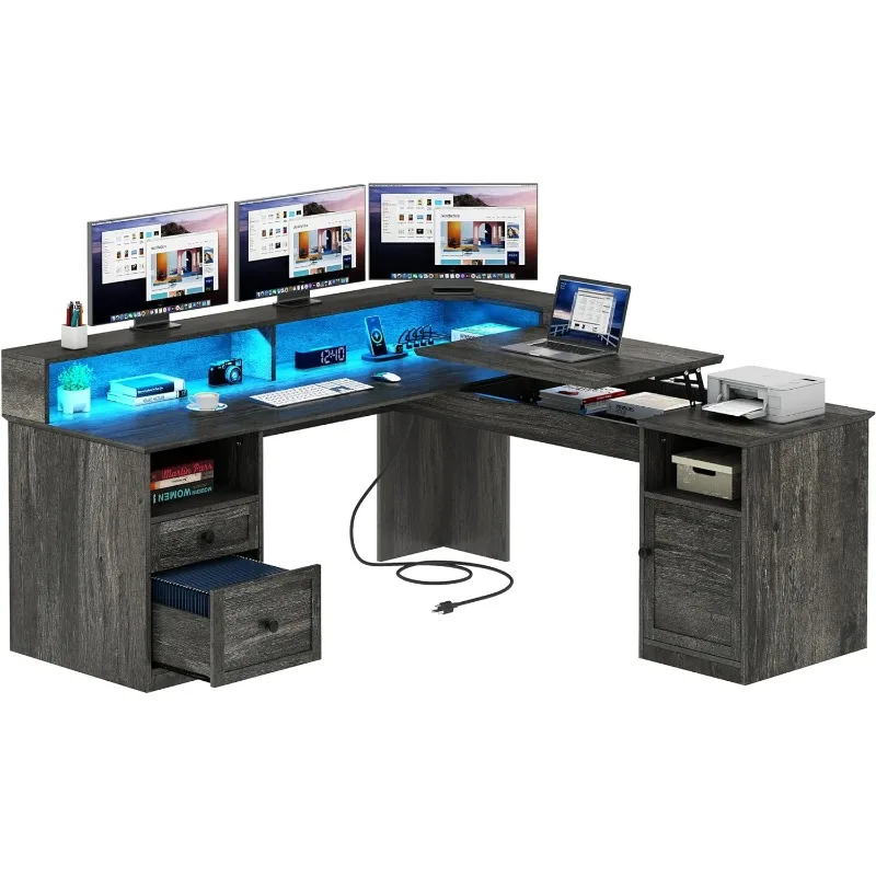 L-shaped desk with power sockets and LED lights, home desk with monitor stand with drawers and lift top