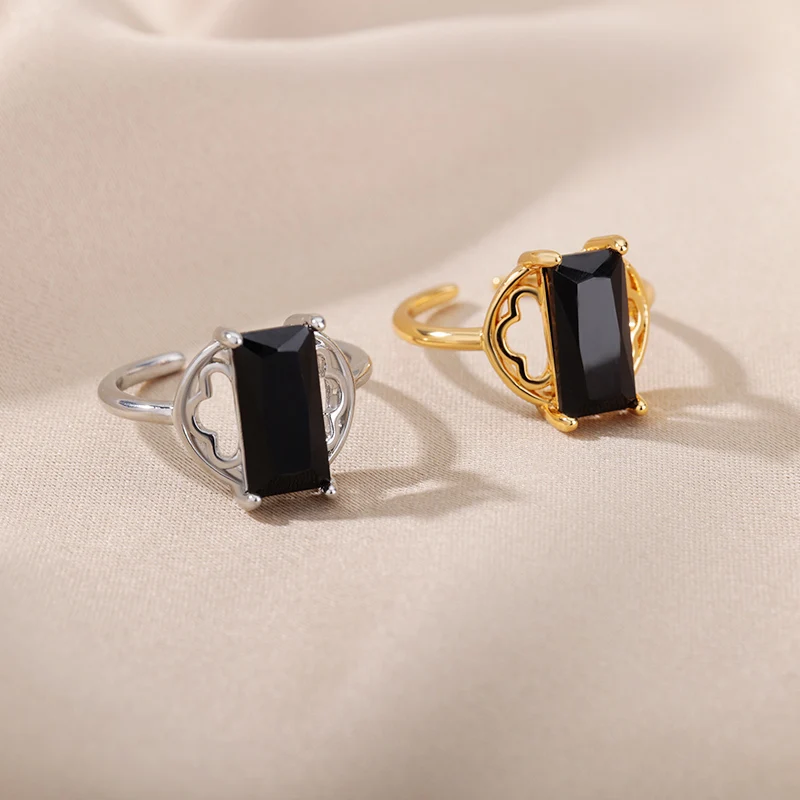 Black Rectangle Zircon Rings for Women Open Stainless Steel Adjustable Ring Couple Wedding Aesthetic Jewelry Gift Anillos Mujer