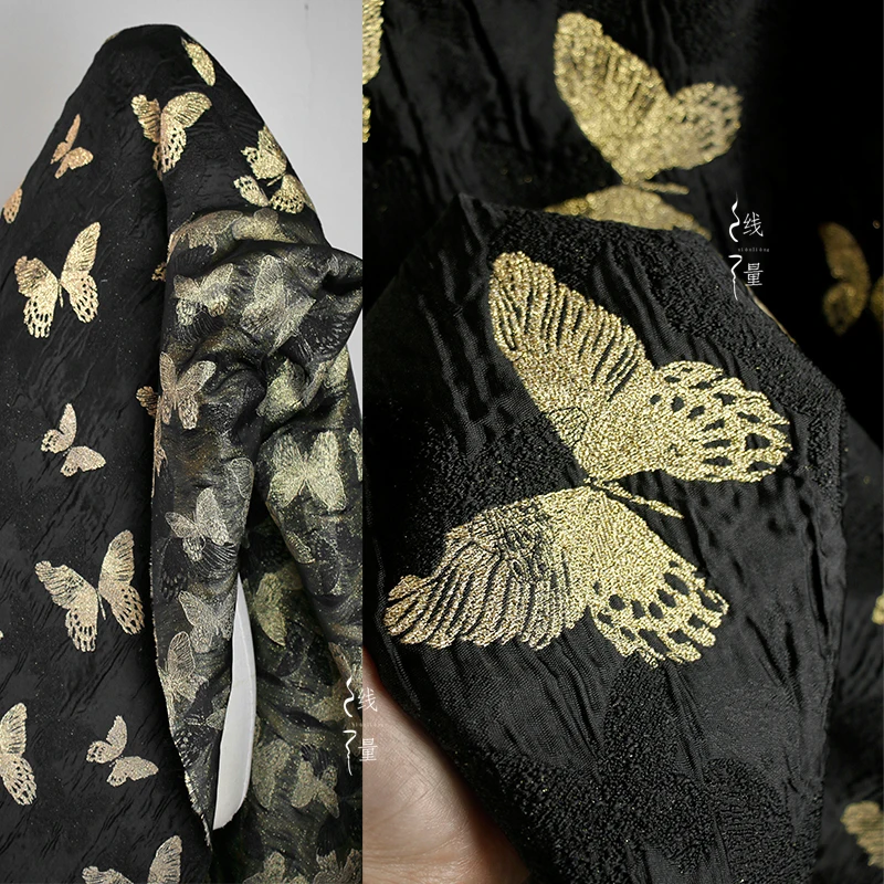 Black Gold Jacquard Fabric Polyester  for Diy Sewing Chinese Style Dress Cheongsam Fahsion Clothing Designer Fabrics Cloth