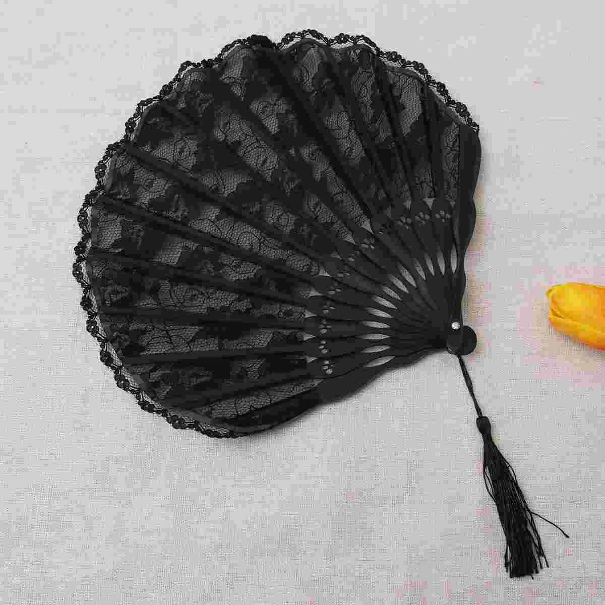 Embroidered Hand Fan Handheld Fans Bamboo with Tassel Shell Lace Black Open Miss